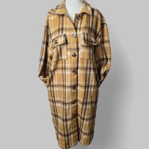 On Blue Mustard Yellow Plaid  Long Flannel Shacket